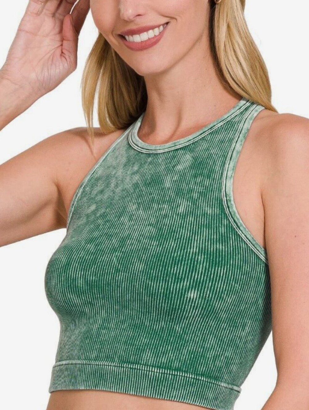 Zenana Outfitters Vintage Wash Ribbed High-Neck Cropped Tank - Green